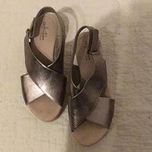 Gold Clarks wedge sandals